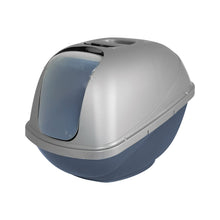 Hooded enclosed cat litter box with blue door and gray covered plastic pan, large