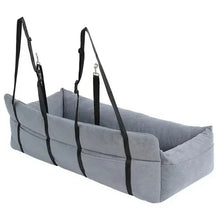 Light gray three-seater car pet bed with two top anchor straps and padded sides