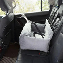Car pet bed on rear seat, light gray foldable mattress with black webbing