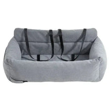 Car pet bed, light gray cushioned base with two loop carry straps