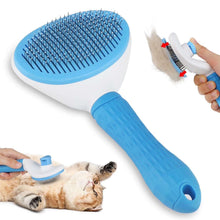 Blue pet grooming brush with oval head and bristle pins, held during pet grooming