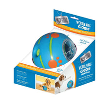 Blue wobble wag giggle treat-dispensing dog toy ball and retail box