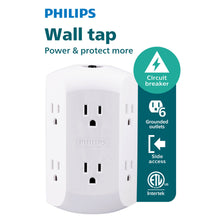White wall outlet tap with six grounded outlets and side-access resettable circuit breaker