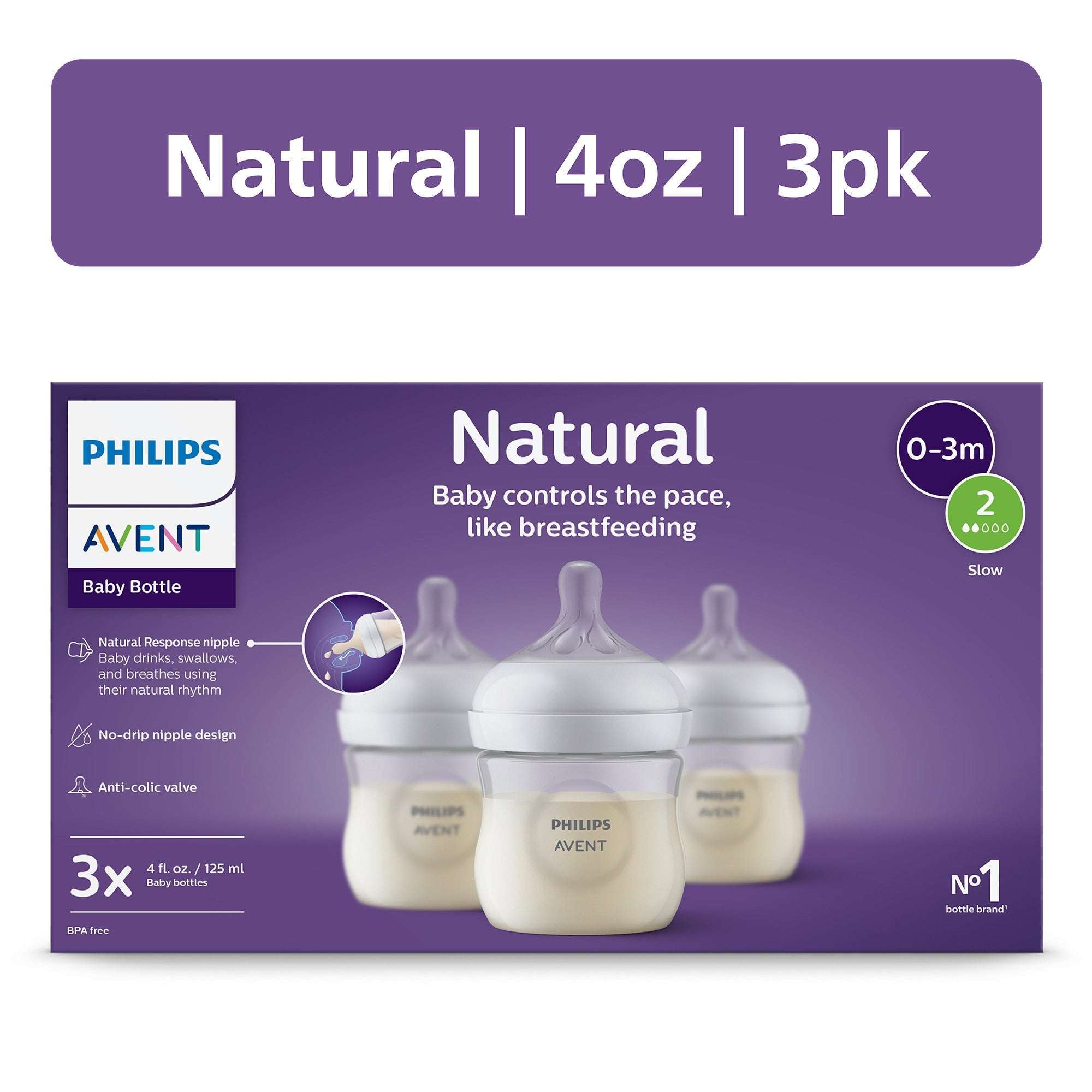 Philips Avent Natural Baby Bottle with Natural Response Nipple, Blue, 4oz, 3pk, SCY900/23