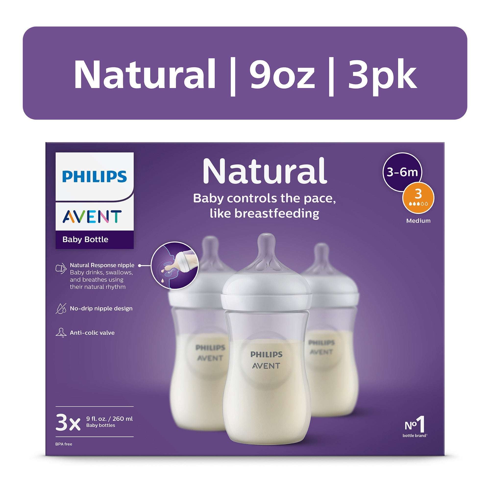 Philips Avent Natural Baby Bottle with Natural Response Nipple, Blue, 4oz, 3pk, SCY900/23
