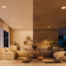 Round white LED downlights in living room ceiling