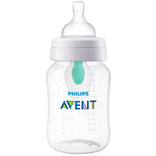 Clear 9oz baby bottle with Philips Avent anti-colic air vent, teal insert