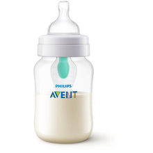 Clear 9oz baby bottle with Philips Avent logo and teal anti-colic vent