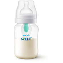 Clear baby bottle with Philips Avent anti-colic vent and teal valve