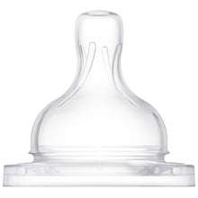Clear baby bottle nipple and rim with anti-colic vent, teal valve visible