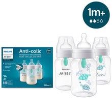 3-pack anti-colic baby bottles, 9oz, clear bodies with teal turtle graphics, 1m+ caps