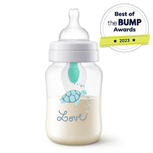9oz anti-colic baby bottle with teal turtle graphic, white collar and clear milk bottle