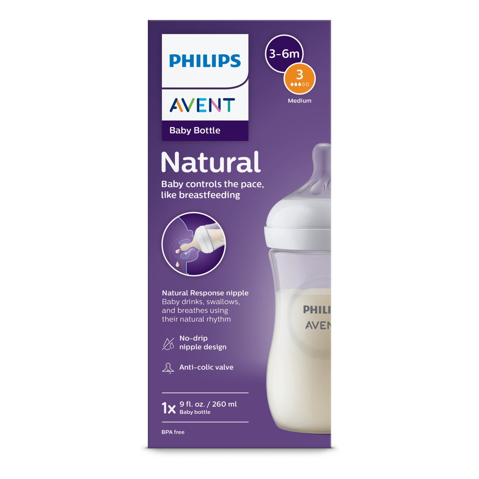 Philips Avent Natural Baby Bottle with Natural Response Nipple (Medium Flow,Flow 3), 9oz, SCY903/91