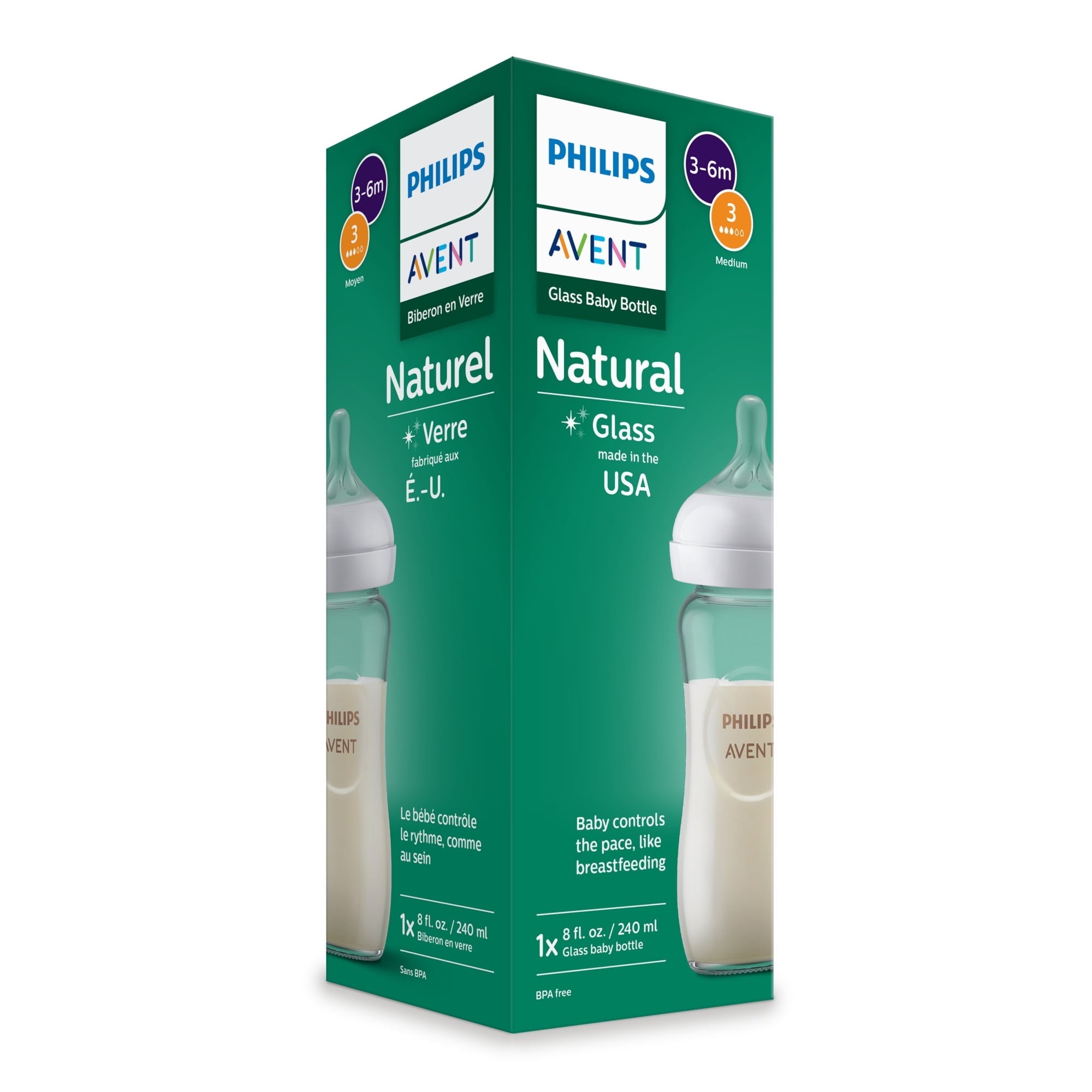 Philips Avent Natural Glass Baby Bottle with Natural Response Nipple (Medium Flow, Flow 3), 8oz, SCY913/01