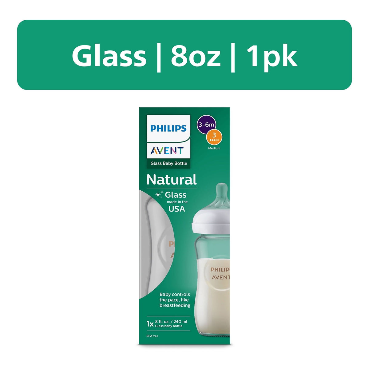 Philips Avent Natural Glass Baby Bottle with Natural Response Nipple (Medium Flow, Flow 3), 8oz, SCY913/01