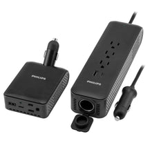 Car power inverter set with two black units and DC plugs, showing multiple AC outlets