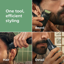All-in-One trimmer shown styling beard and hair with various attachment views