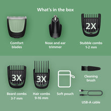 All-in-one trimmer kit accessories: nose/ear unit, beard & hair combs, cleaning brush, USB cable.