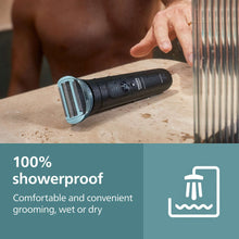 Showerproof body hair trimmer with black-and-teal cutting head on wet tile