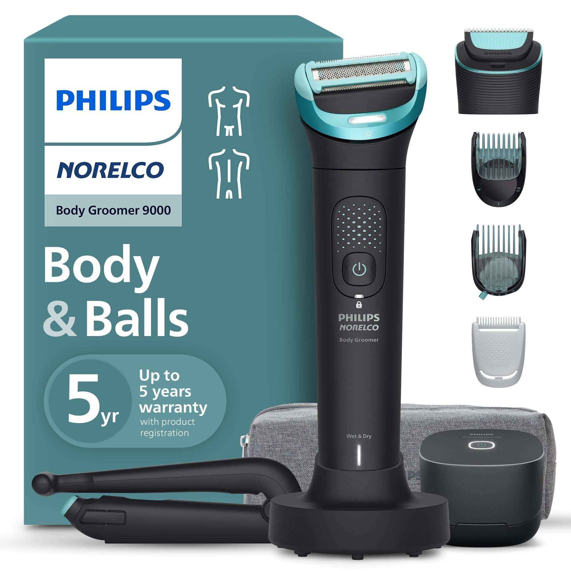 Philips Norelco Body Groomer 9000 Series, Body Hair Trimmer For Men & Intimate Shaver System with Uv Cube Cleaner & Adjustable Back Attachment, 100% Showerproof, BG9480/50