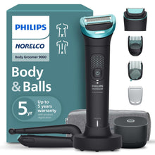 Men's body groomer with black-and-teal trimmer, comb attachments, and UV cube base