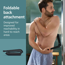 Foldable back attachment on body groomer for back grooming, black-and-teal handle