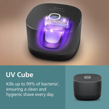 UV Cube cleaner base with purple UV light over black cleaning unit