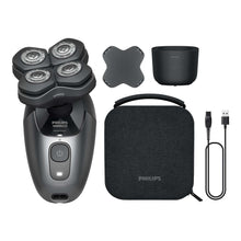 Cordless electric head shaver with four foil cutters and protective accessories