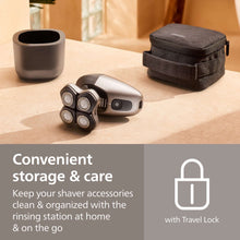Electric head shaver accessories: charging/rinsing station and travel pouch