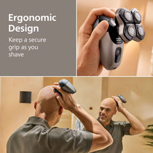 Electric head shaver with ergonomic handle held during shaving