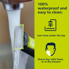 OneBlade replacement blade rinsed under running water on the trimmer head