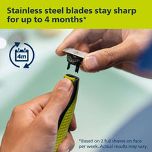 OneBlade trimmer with replacement blade held in hands, stainless blade visible
