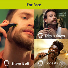 Trimmer shaving facial hair with black and yellow OneBlade attachment
