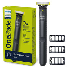 Electric face shaver kit with black handle and two spare blades, plus retail box