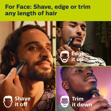 Electric face shaver showing shave and trim on the face, black OneBlade