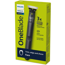 Electric face shaver on retail box, black OneBlade handle with trimming comb