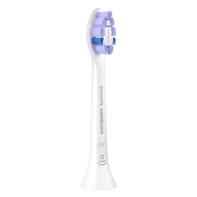 Electric toothbrush head with blue bristles on white handle
