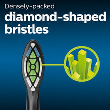 Diamond-shaped bristle cluster on a black toothbrush head with green and blue accents.