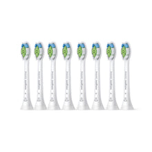 Set of 8 white replacement toothbrush heads with blue and green bristle inserts