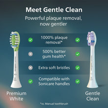 Gentle Clean brush head with purple bristles on white handles in a comparison layout