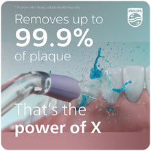 Oral irrigator nozzle spraying on teeth with a clinical-style results graphic