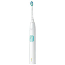 White rechargeable sonic toothbrush handle with blue power button and blue bristles