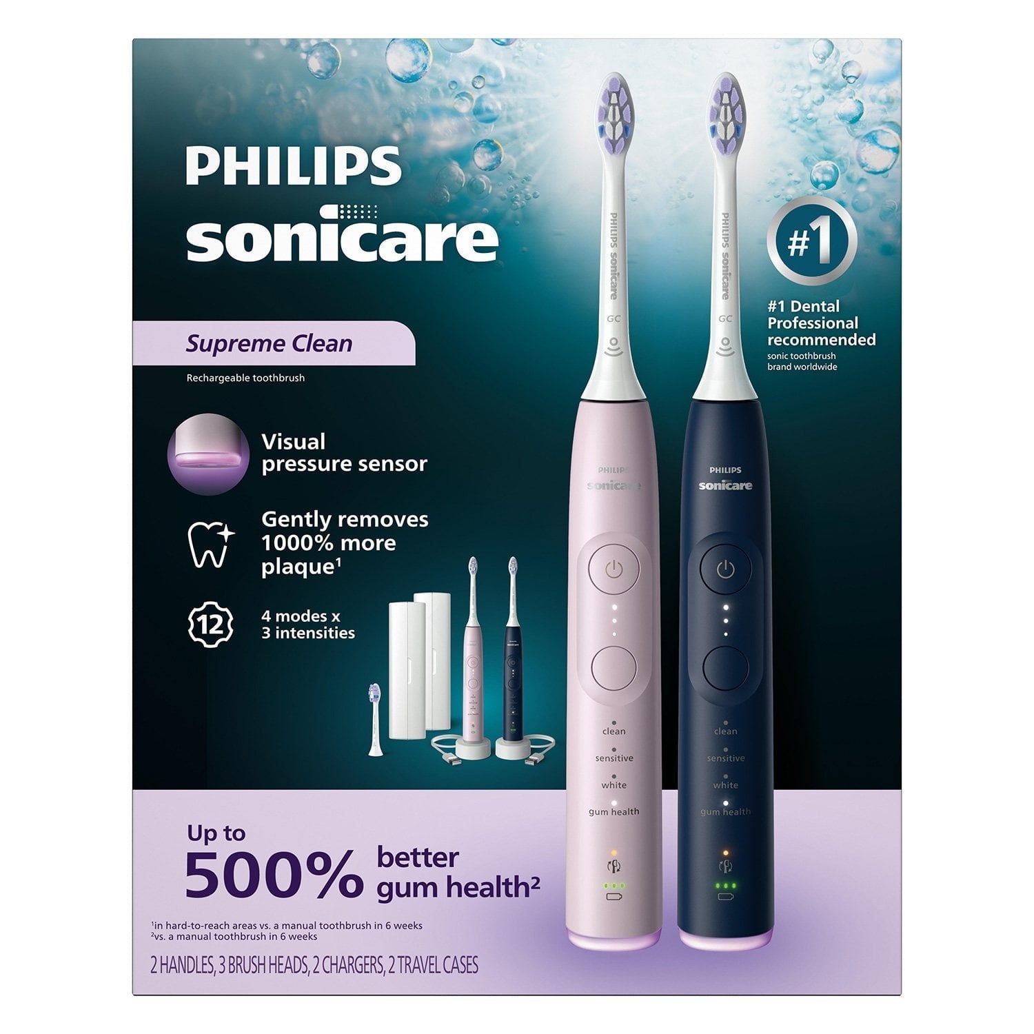 Philips Sonicare Supreme Clean Rechargeable Toothbrush, Pink and Blue, 2 pk.