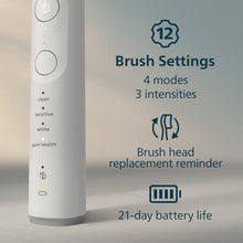 White toothbrush handle showing brush settings: 4 modes and 3 intensity levels