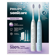 Supreme Clean rechargeable toothbrush 2-pack box with two white and blue handles