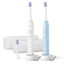 Set of 2 rechargeable sonic toothbrushes, white handles with blue brush heads on stands