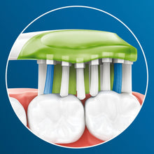 Close-up of brush bristles: green top, white base, blue bristle tips