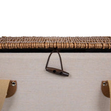 Woven wicker picnic basket lid edge with leather strap and hanging cord