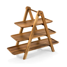 3-tier wooden serving ladder with three horizontal shelves and A-frame stand