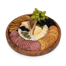 Acacia wood serving platter with marble insert holding sliced meats and cheeses